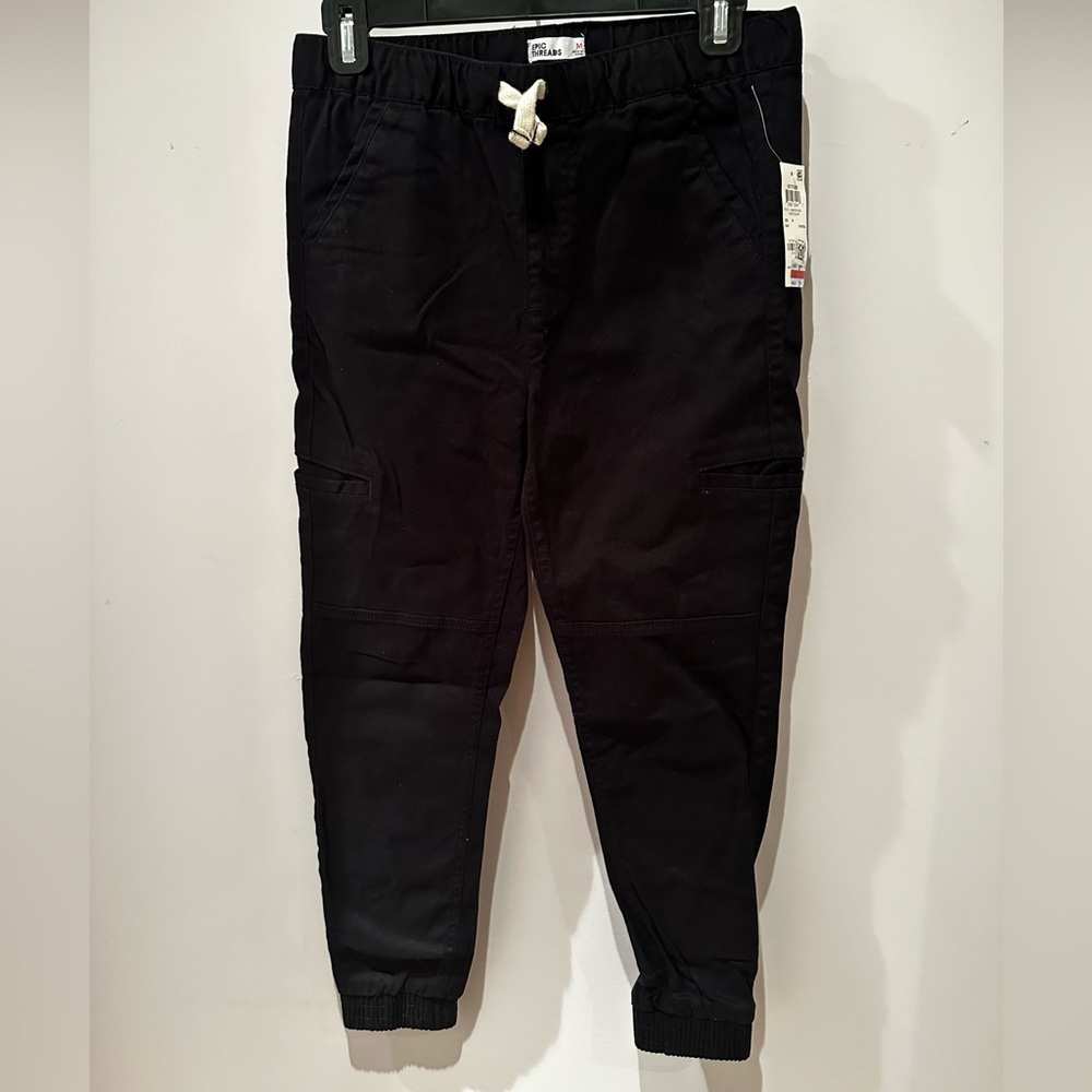 New boys joggers. Black. Elastic waist. Front, back, & side cargo pockets.